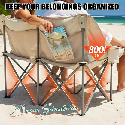 Thallike Double Camping Chair, Oversized 2 Person Camp Chairs with Cup Holders Side & Backrest Mesh Pockets Padded Loveseat Camping Chair Foldable for Outdoor Lawn Backyard Beach Support 800LB
