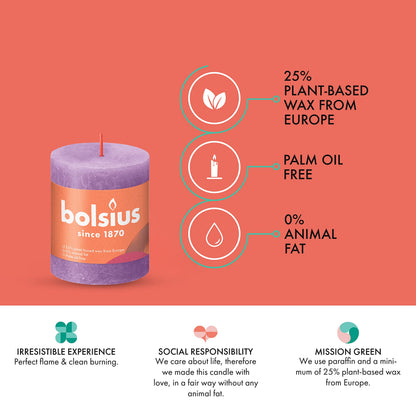 BOLSIUS 4 Pack Vibrant Violet (Purple) Rustic Pillar Candles - 2.75 X 3.25 inches - Premium European Quality - Includes Natural Plant-Based Wax - Unscented Dripless Smokeless 35 Hour Party Candles