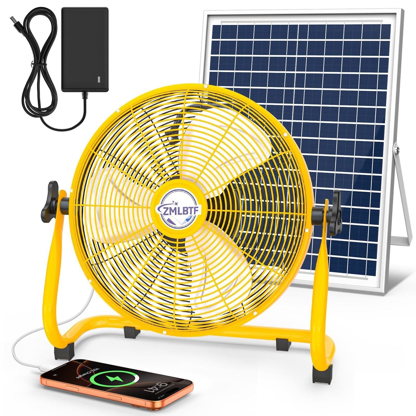 ZMLBTF 16" Solar Powered Fan with 20W Solar Panel & Rechargeable Battery, Portable, Quiet 12 Speed, 360° Tilt Head for Outside, Camping, Travel, Greenhouse, Chicken Coop, Patio, gazebo (Yellow)