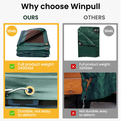 Winpull Tarp 20x25FT, 16 Mil Heavy Duty Waterproof Tarp, Large Multipurpose Cover with Brass Grommets and Reinforced Edges, UV Resistant Thick Poly Tarps for Pool Car Tent Green