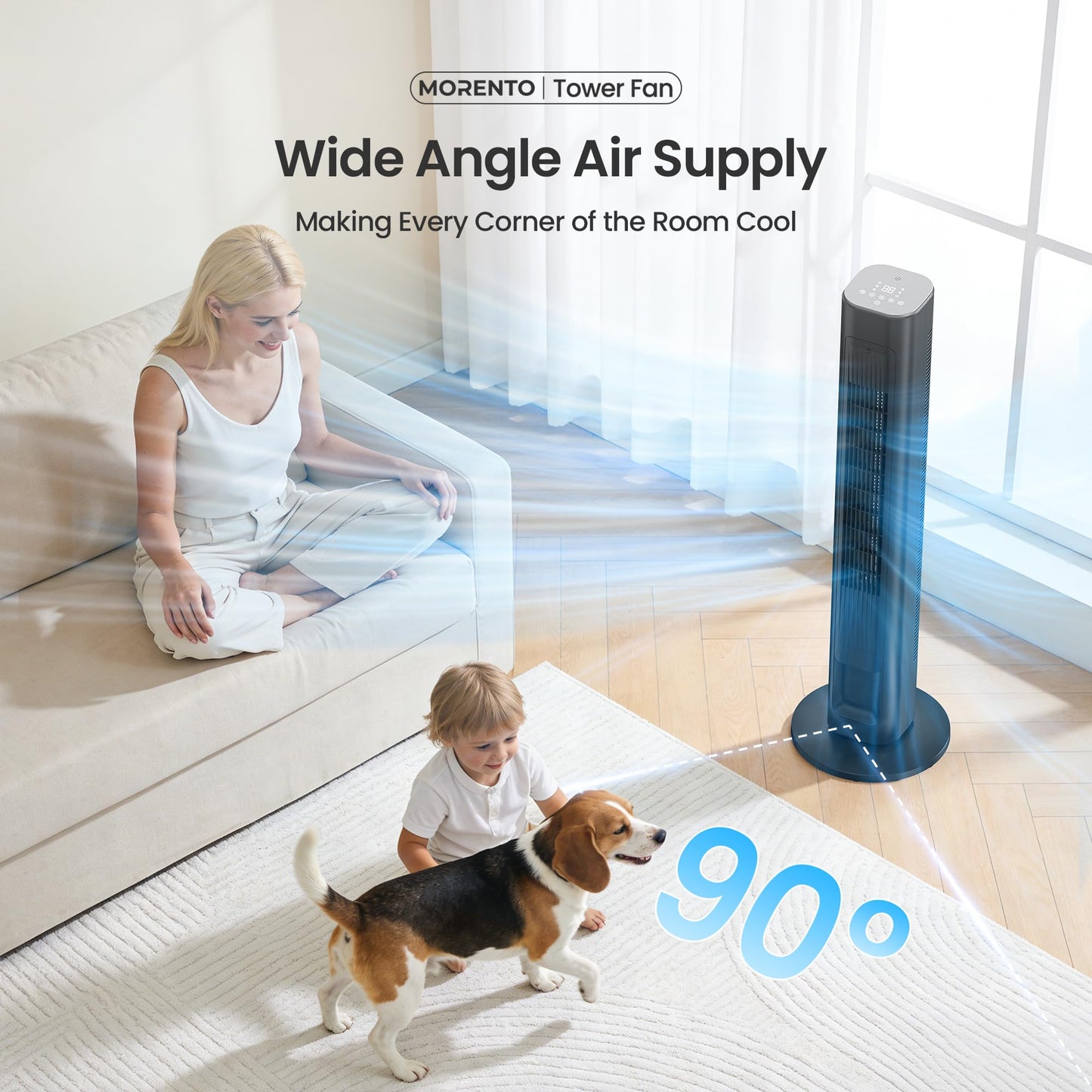 MORENTO Tower Fan for Bedroom, 2026 Upgraded 90° Oscillating 43" Standing Fan with 4 Speeds, 4 Modes, 25ft/s Velocity Bladeless Fan with APP/Voice/Remote/Touch Control, 28dB, 12H Timer, Black 1Pack