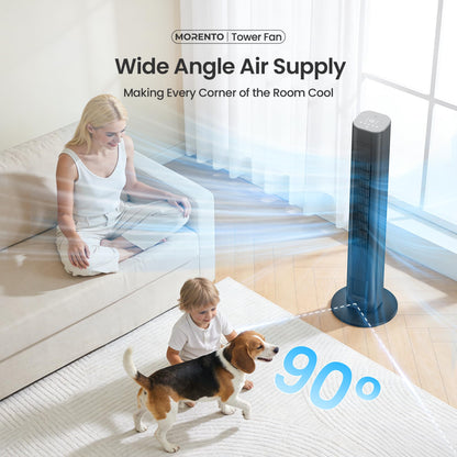 MORENTO Tower Fan for Bedroom, 2026 Upgraded 90° Oscillating 43" Standing Fan with 4 Speeds, 4 Modes, 25ft/s Velocity Bladeless Fan with APP/Voice/Remote/Touch Control, 28dB, 12H Timer, Black 1Pack