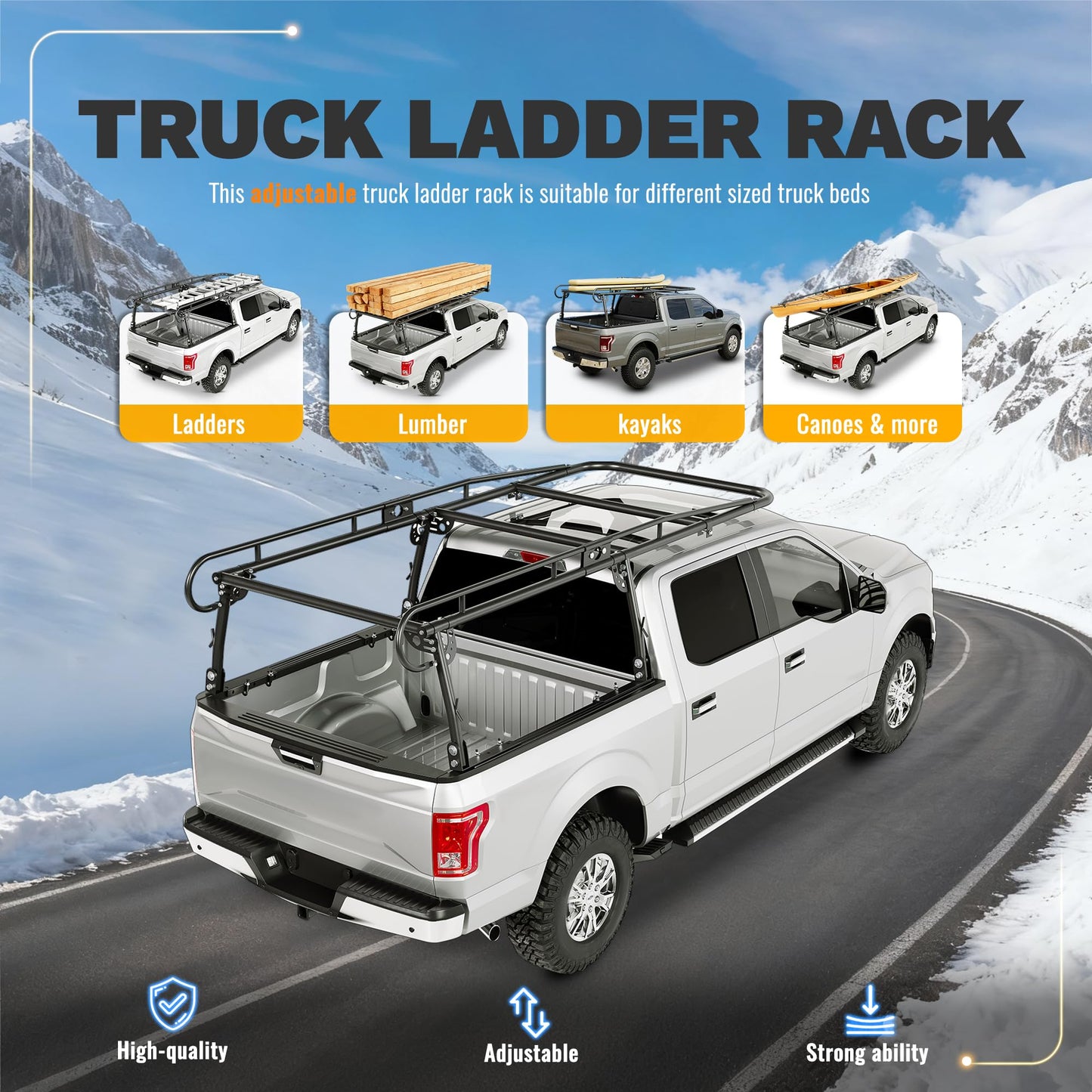 ALMULOO Adjustabl Truck Ladder Rack 60" W x 138" L x 34" H Universal Truck Pickup Bed Contractor Rack Heavy Duty Steel Lumber Utility Kayak Rack 1000lbs