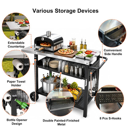 Outdoor Grill Cart for Blackstone/Ooni/Ninja, 43.3"x20" Stainless Steel Outdoor Grill Table with Propane Tank Mount & Wheels, Movable Outdoor Cooking Table with Storage for Pizza Oven, Patio, Camping