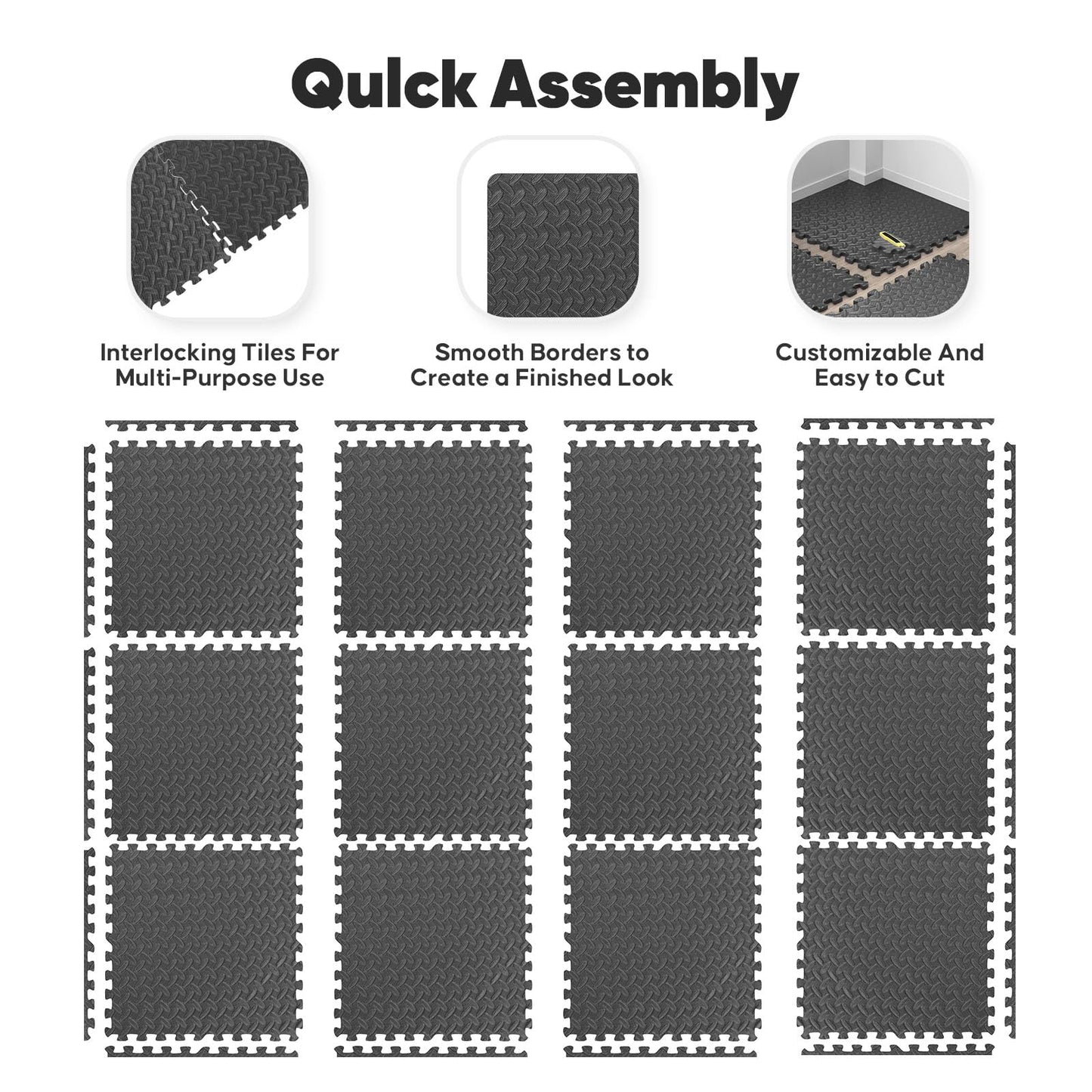 32 Pack Home Gym Mat, Puzzle Exercise Mat, EVA Interlocking Foam Floor Tiles for Home Workout Equipment and Kids' Play Areas - Black, 24 in x 24 in x ½ in - 32 Tiles (Black, 32 Pack, 128 SQ FT)