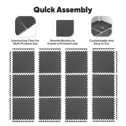 32 Pack Home Gym Mat, Puzzle Exercise Mat, EVA Interlocking Foam Floor Tiles for Home Workout Equipment and Kids' Play Areas - Black, 24 in x 24 in x ½ in - 32 Tiles (Black, 32 Pack, 128 SQ FT)