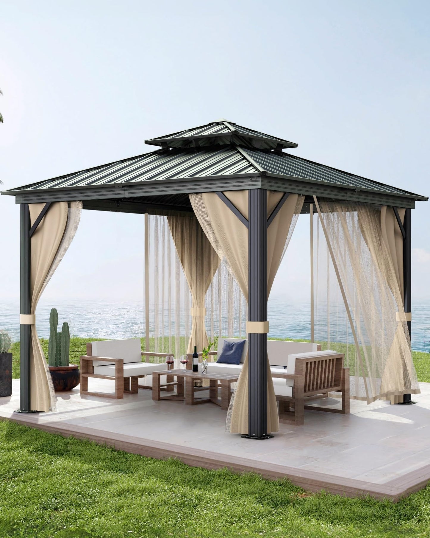 10x10 FT Double Metal Roof Hardtop Gazebo, All-Weather Outdoor Patio Pavilion with Aluminum Iron Frame, Mosquito Netting and Privacy Curtains, Permanent Shelter for Garden Deck Lawn Backyard