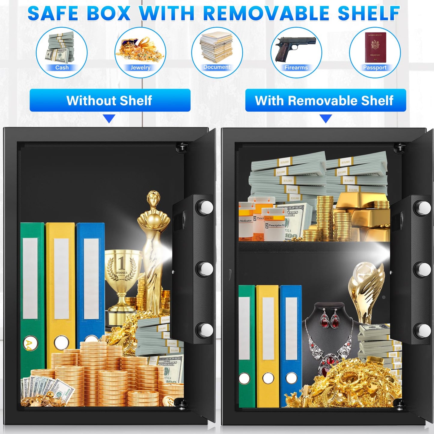 Large Home Safe 3.3 Cuft, Digital Security Safe Box with Smart Alarm System, Wall & Floor Mount Anti-Theft Safe, Removable Shelf & Mute Mode, Safe for Documents, Jewelry, Cash & Valuables