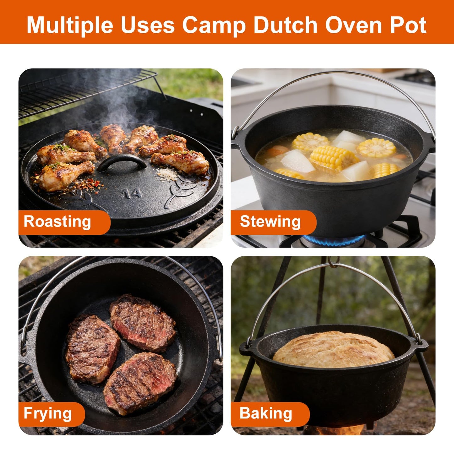 Blingco Pre-Seasoned Cast Iron 10QT Camp Dutch Oven with Lid, Large Camping Dutch Oven Pot, incl. Lid Lifter - Dual Handles - for Outdoor Campfire, Grill, Oven&Stovetop Cooking - Black
