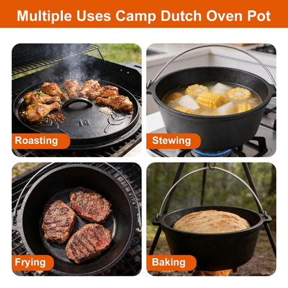 Blingco Pre-Seasoned Cast Iron 10QT Camp Dutch Oven with Lid, Large Camping Dutch Oven Pot, incl. Lid Lifter - Dual Handles - for Outdoor Campfire, Grill, Oven&Stovetop Cooking - Black
