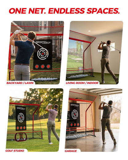 Golf Practice Net Set 10x7.5FT, Heavy Duty Golf Hitting Net for Backyard & Indoor Training, Golf Swing Practice Net with Ball Return System, Extended Top Barrier, Target Cloth & Carry Bag.