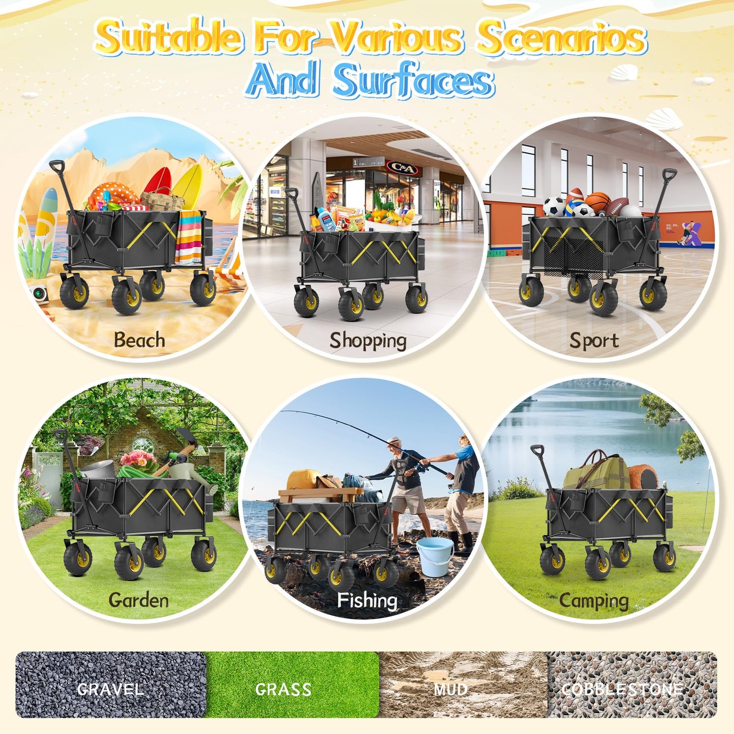 CAtArt Beach Wagon with Big Wheels for Sand, 400LBS Heavy Duty Foldable Wagons Carts, 9" All-Terrain PVC Inflatable Tires, Easy Storage for Beach, Grocery Shopping, Sports Camping (Black)
