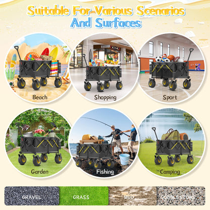 CAtArt Beach Wagon with Big Wheels for Sand, 400LBS Heavy Duty Foldable Wagons Carts, 9" All-Terrain PVC Inflatable Tires, Easy Storage for Beach, Grocery Shopping, Sports Camping (Black)