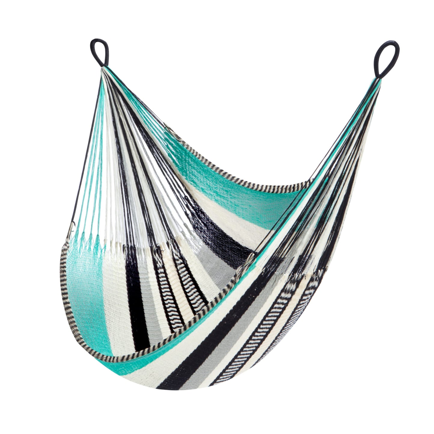 Handwoven Hanging Chair by Yellow Leaf Hammocks - Fits 1 Person, 330lb Max - Kick Back for Full-Body Recline - Weathersafe, Ultra Soft, Hang Anywhere - Color: Turquoise - Black -White