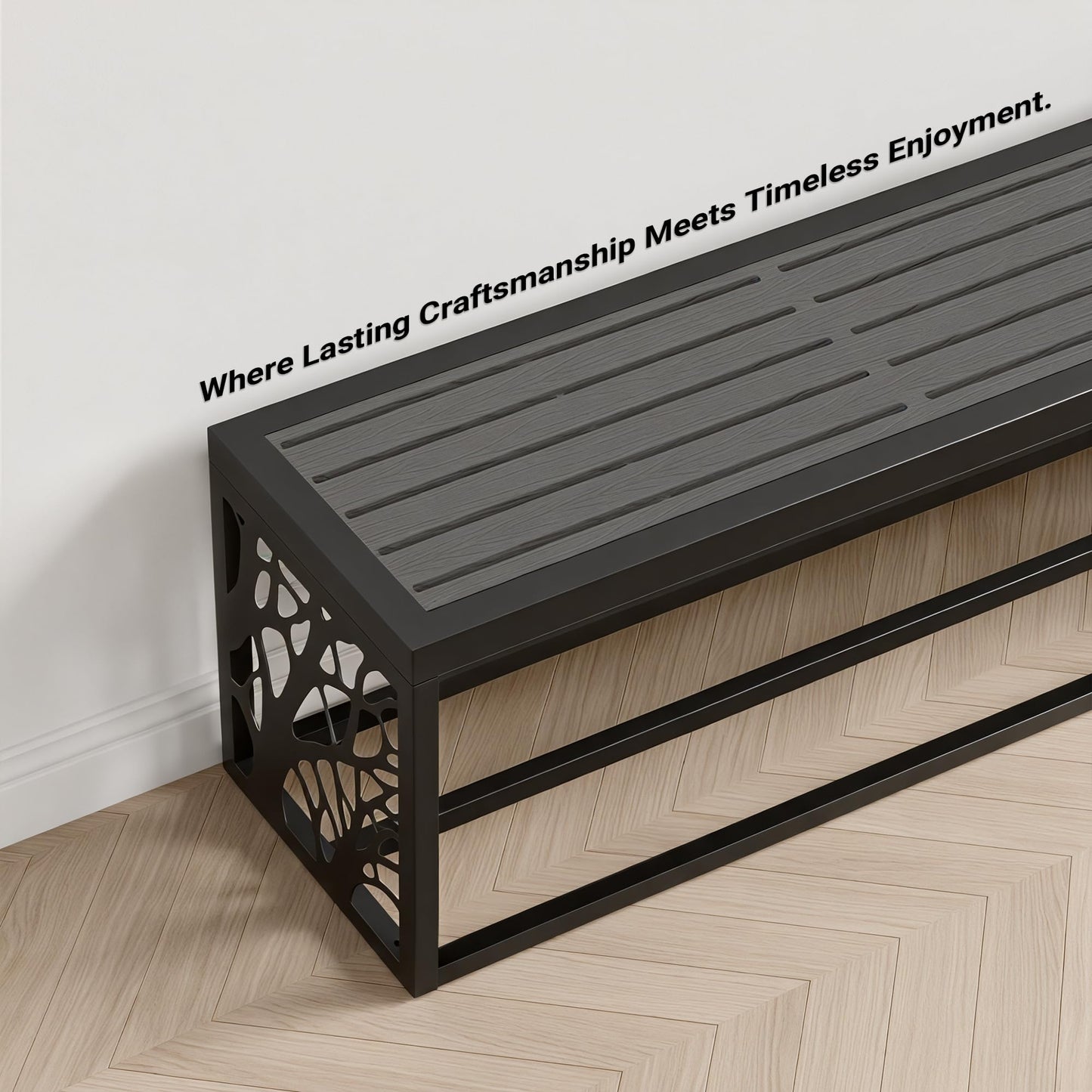 Orbotots 47" Outdoor Garden Bench with Storage Shelf, Modern Black Entryway Bench, Wood-Grain HDPE Seat, Galvanized Steel Frame with Powder Coating for Porch, Yard, Patio, Tree
