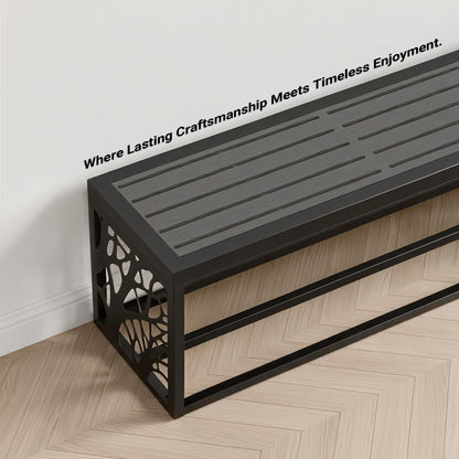 Orbotots 47" Outdoor Garden Bench with Storage Shelf, Modern Black Entryway Bench, Wood-Grain HDPE Seat, Galvanized Steel Frame with Powder Coating for Porch, Yard, Patio, Tree