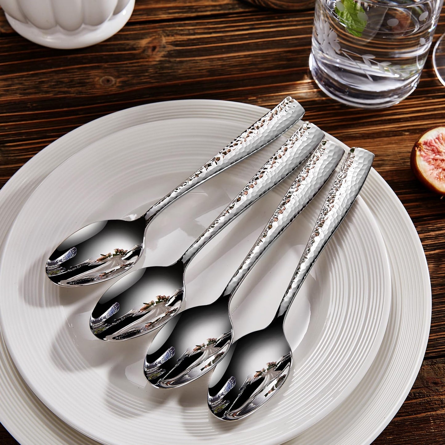 KEAWELL Premium 4-Piece Louis Hammered Spoons Set, 18/10 Stainless Steel, Set of 4, Fine Spoon Set with Squared Edge, Dishwasher Safe (7.6" Dinner Spoon)