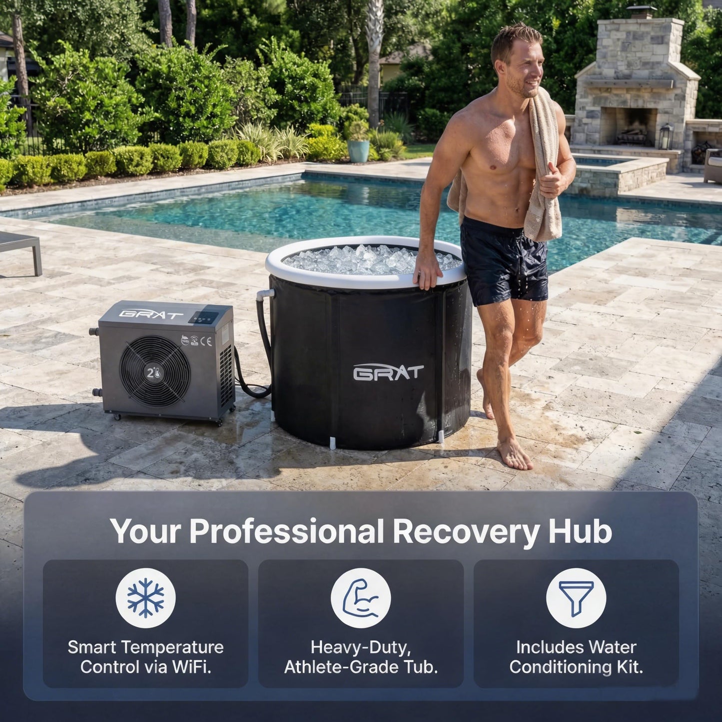 GRAT 1.5HP Chiller with Cold Plunge Tub, 88 Gallon Ice Bath System for Athletes, WiFi App Control, No Ice Needed, Cools to 36°F, Cold Water Therapy & Recovery Tub for Home Gym Indoor Outdoor