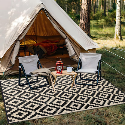 OLANLY Waterproof Outdoor Rug 10x14 ft, Outdoor Plastic Straw Rug for Camping, RV Mat Outside, Outdoor Carpet for Porch, Deck, Backyard, Balcony, Picnic, Black & Beige