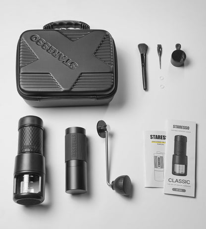 STARESSO 2026 Travel Kit, Portable Espresso Maker & Grinder Set, Dual Use for Ground Coffee & Pods, No Power Needed, Travel Case for Camping Hiking