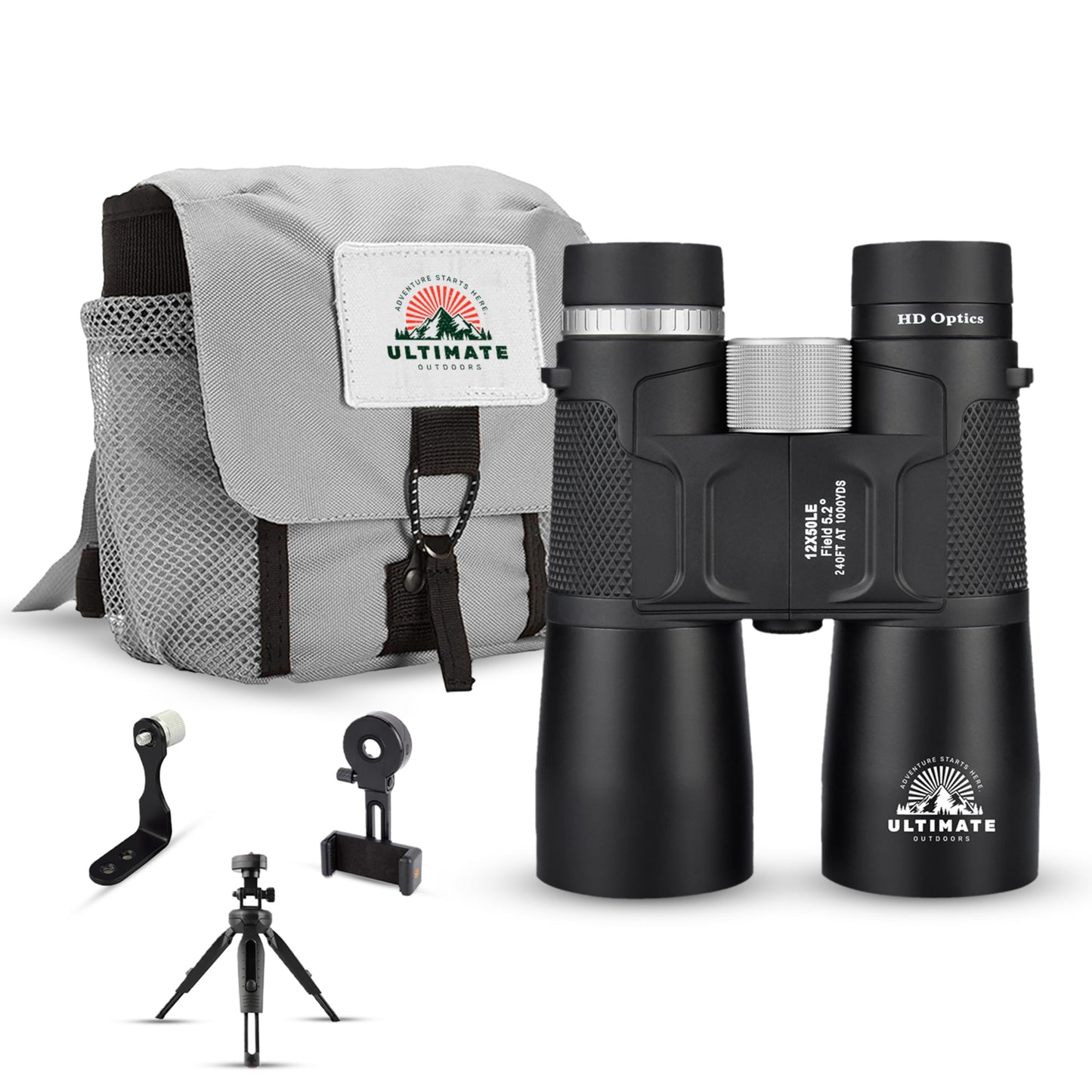 Ultimate Outdoors 12x50 HD Binoculars for Adults – Powerful Waterproof Binoculars with Phone Adapter & Tripod Mount | BaK-4 Prism for Bird Watching, Hunting, Stargazing, Travel & Cruise