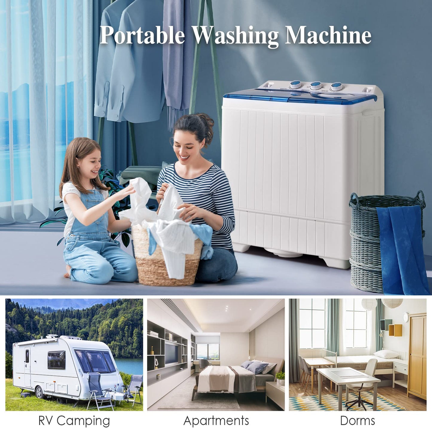 Giantex Portable Washing Machine, 26lbs Washer and Spinner Combo,18 lbs Washing 8 lbs Spinning, Built-in Drain Pump, w/Timer Control, Dorm Apartment Twin Tub Mini Laundry Washer Blue White