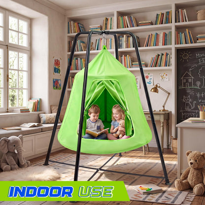 LaRandom X-Shaped Swing Stand Frame with Tent Sensory Swing for Kids Adults Indoor Outdoor Use 330 Lbs Capacity Detachable Heavy Duty Hanging Chair Hammock Nest Pod with Stand for Mutiple Kids(Green)