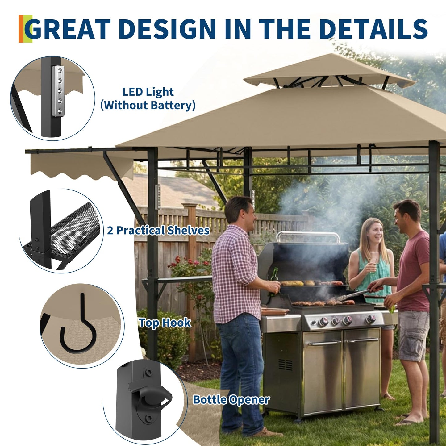 COZONY Double-Tier Grill Gazebo 13x4 ft – Heavy-Duty Steel Frame, Dual Side Awnings, Weather-Resistant Canopy, Shelves, LED Lights, Hooks, Bottle Opener – Outdoor BBQ Pavilion for Patio, Garden