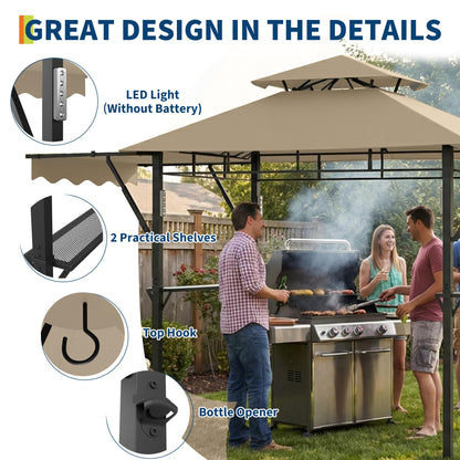 COZONY Double-Tier Grill Gazebo 13x4 ft – Heavy-Duty Steel Frame, Dual Side Awnings, Weather-Resistant Canopy, Shelves, LED Lights, Hooks, Bottle Opener – Outdoor BBQ Pavilion for Patio, Garden