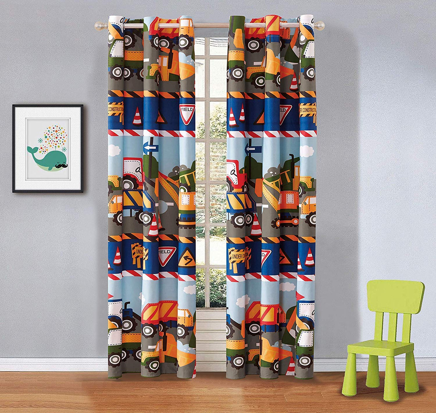 Elegant Home Multicolors Construction Site Equipment Trucks Tractors Design for Boys/Kids/Teens Room Window Curtain Treatment Drapes 2 Piece Set with Grommets (Construction Trucks)
