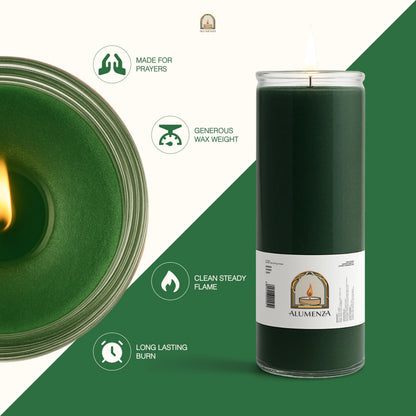 Alumenza 3 Pack Green 7 Day Candles in Glass Jar – Paraffin Wax, Clean Burning Unscented | Large & Tall Devotional Prayer Pillar Candles for Home, Memorial, Spells, Long Lasting