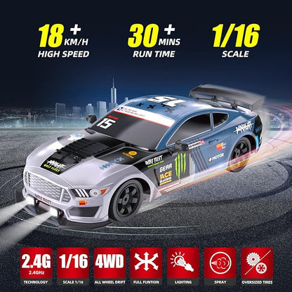 RC Drift Car Remote Control Cars for Adults 1/16 2.4GHz RC Drifting Car 4WD Drift RC Cars with Spray LED Lights and Drifting Tires Toy Cars for Boys Kids