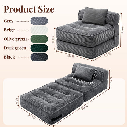 Folding Sofa Bed, Convertible Sleeper Chair with Pillow Foldable Mattress with Back Support, Portable Fold Out Chair Bed Comfy Floor Couch Lounge for Living Room Bedroom Apartment Single