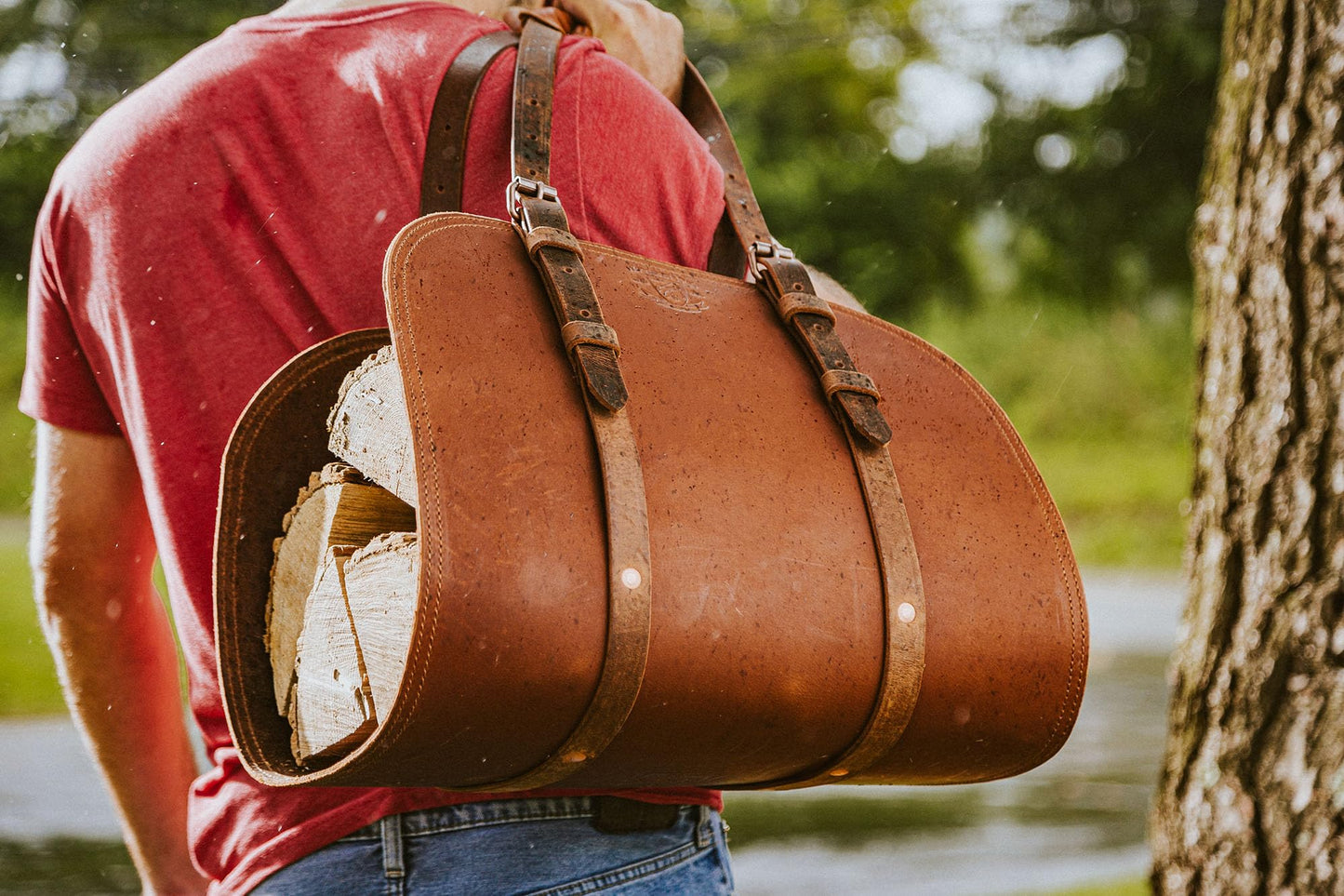 Woodman's Pal Premium Buffalo Leather Log Carrier, Luxury Handcrafted Firewood Carrier, Heavy-Duty Firewood Bag for Wood Carrying, Made in USA - Ideal for Outdoors and Camping Wood Stove Accessory