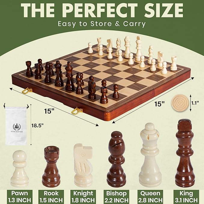 15'' 2 in 1 Wooden Magnetic chess and checkers set (2 Extra Queens Foldable Chess set &amp Cotton Storage Bag) Magnetic Chess Sets for Adults with Color Gift Box Handmade Checkers Board Game