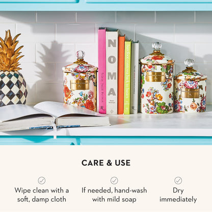 MACKENZIE-CHILDS Enamel Canister, Versatile Kitchen Storage Container for Flour and Sugar, Large, 64-Ounce Capacity, White Flower Market