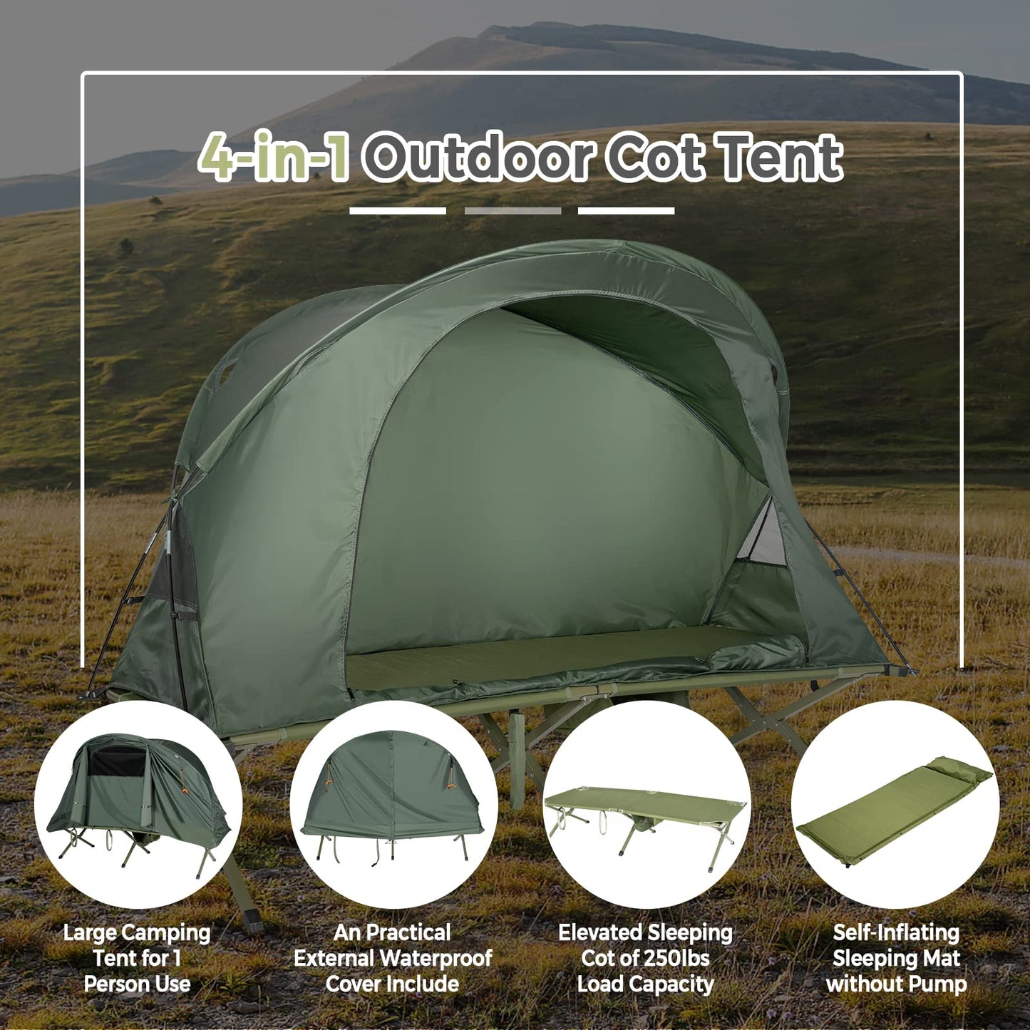 Tangkula 4-in-1 Camping Cot Tent Set, Foldable Off Ground Elevated Tent for 1 Person, Portable with Waterproof External Cover, Air Mattress & Carrying Bag, Ideal for Outdoor Hiking, Camping