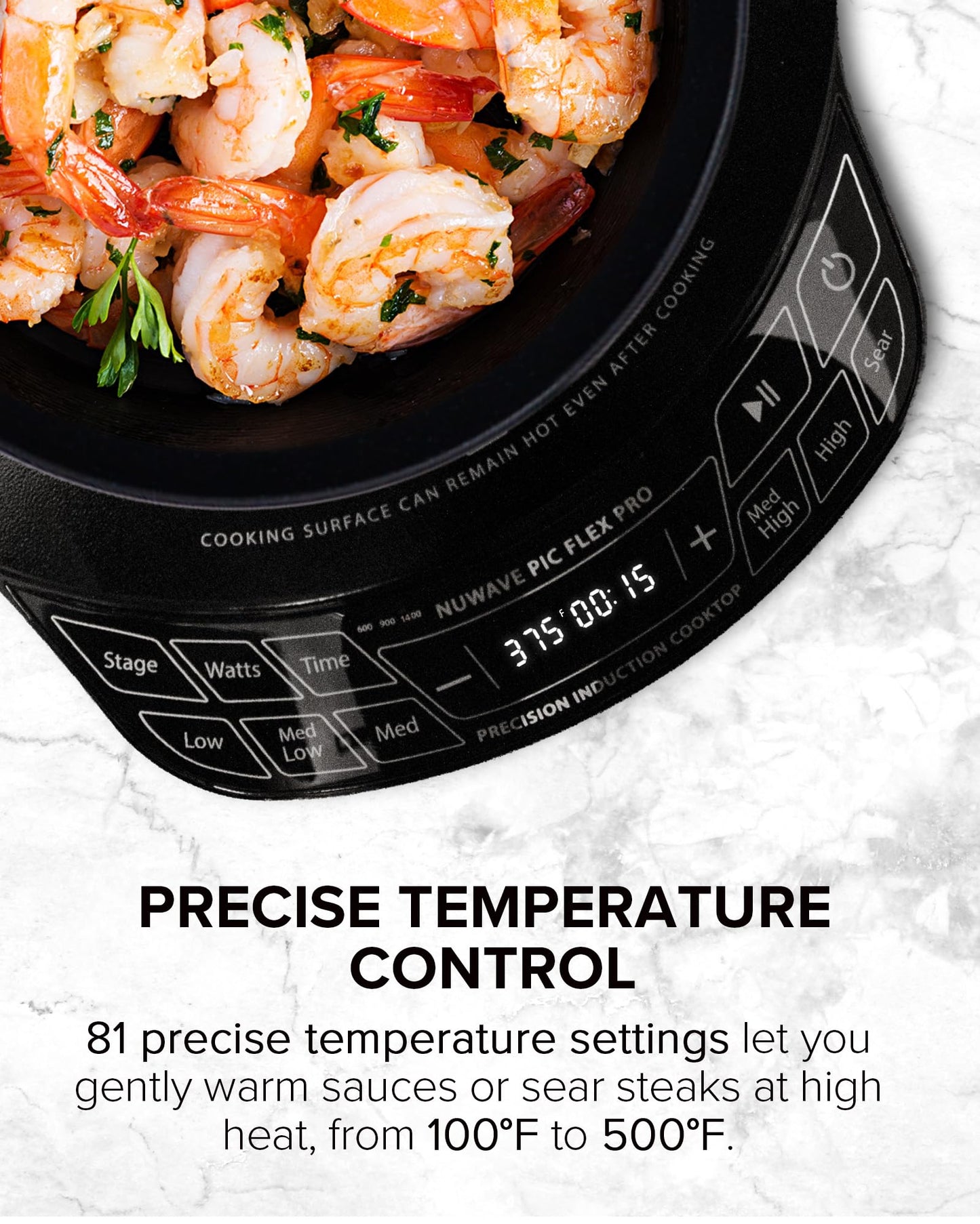 Nuwave Flex Pro 10.25” Precision Induction Cooktop with IMD Touch Display, LED, Shatter-Resistant Glass, 81 Temps (100°–500°F), 3 Wattages (600/900/1400W), Auto Shutoff, Portable Design, 30503V01