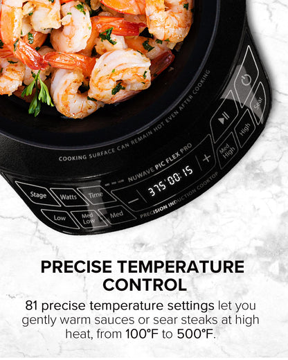 Nuwave Flex Pro 10.25” Precision Induction Cooktop with IMD Touch Display, LED, Shatter-Resistant Glass, 81 Temps (100°–500°F), 3 Wattages (600/900/1400W), Auto Shutoff, Portable Design, 30503V01