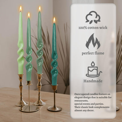 Unscented Gradient Green Candle Sticks ZECHKAVAA Handmade Long Spiral Candles 9.5inch Long Candlesticks Smokeless Candles Elegant Design for Home Décor Weddings Festive Seasons Holiday