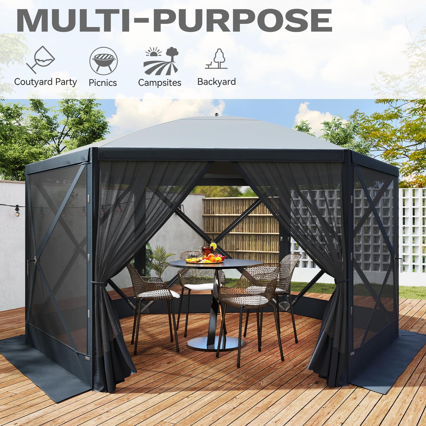 DWVO Gazebo Screen Tent, 11.5x11.5ft Instant Outdoor Portable Camping Screen House Canopy 6 Sided w/Mesh Windows & Carry Bag for Patio, Camping, Backyard, Grey