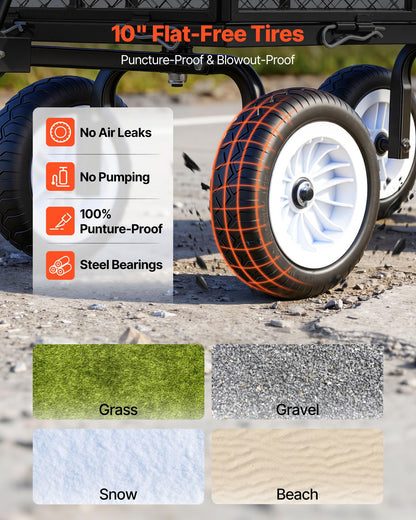 VEVOR 900 LBS Steel Garden Cart, 2 in 1 Handle, Heavy Duty Pullable Garden Wagon with 10" Flat-Free Tires, Outdoor Utility Yard Wagon Cart with Detachable Side Panels, Attach to ATV or Tractor