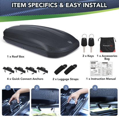 Rooftop Cargo Box Carrier for Car Storage, 12 Cubic Ft Car Top Mount Aero Hard Shell Dual-Side Opening, 165 LBS Weight Capacity Weatherproof Roof Mount Travel Luggage Storage, Secure Straps & Keys