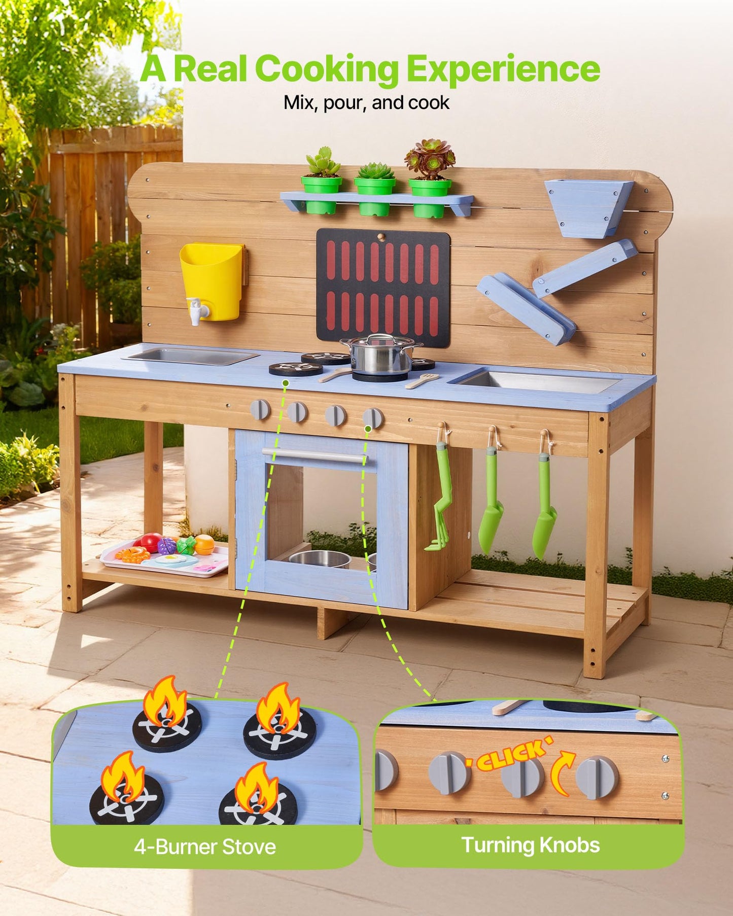 VEVOR Mud Kitchen, Outdoor Mud Kitchen for Kids, Wood Outdoor Play Kitchens with Stoves, Hooks, Double Sinks, Planting Shovels, Spatulas, Cookware Pots and Accessories, Play with Water and Sand