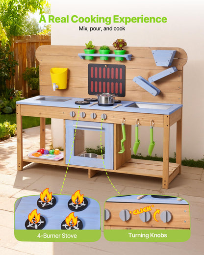 VEVOR Mud Kitchen, Outdoor Mud Kitchen for Kids, Wood Outdoor Play Kitchens with Stoves, Hooks, Double Sinks, Planting Shovels, Spatulas, Cookware Pots and Accessories, Play with Water and Sand