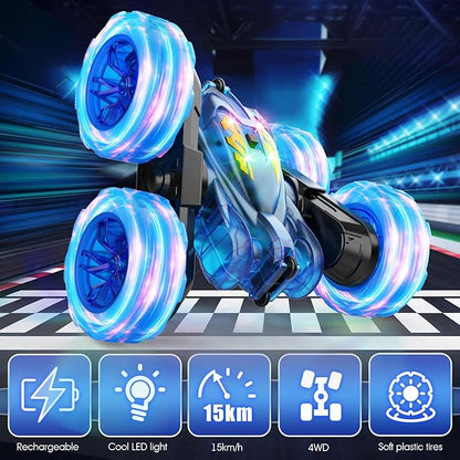 Remote Control CarStunt RC Cars For Kids with Colorful LightFast USB-C ChargingDouble-Sided 360° Rotating Rechargeable 4WD RC Truck Car Toys for Ages 5-7 Gift for Boys Girls Ages 8-12(Blue)