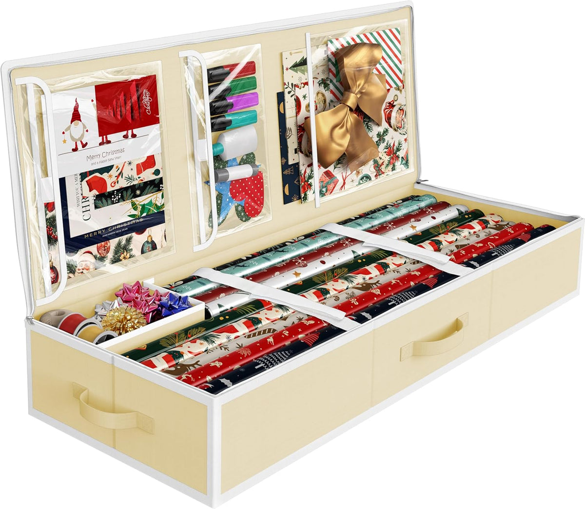 Simple Houseware Wrapping Paper Storage Organizer - Holds 40 Rolls with Adjustable Straps & Clear Pockets, 41.5''L x 16''W, Beige