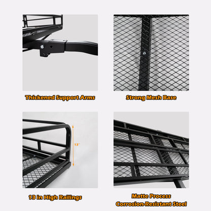 fouwick 60" x 24" x 13" Hitch Cargo Carrier, 600 Lbs Heavy Duty Folding Luggage Rack for SUV & Truck, Steel Mesh Cargo Carrier Hitch Mount Fits 2" Receiver, Powder Coated Vehicle Cargo Basket