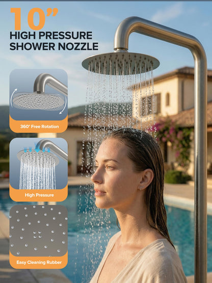 WCQQ 316 Stainless Steel Outdoor Floor Shower with 3 Functions, Brushed Nickel Freestanding 10" Headshower & Handheld Shower for Backyard Patio Relaxation/Easy Garden Clean