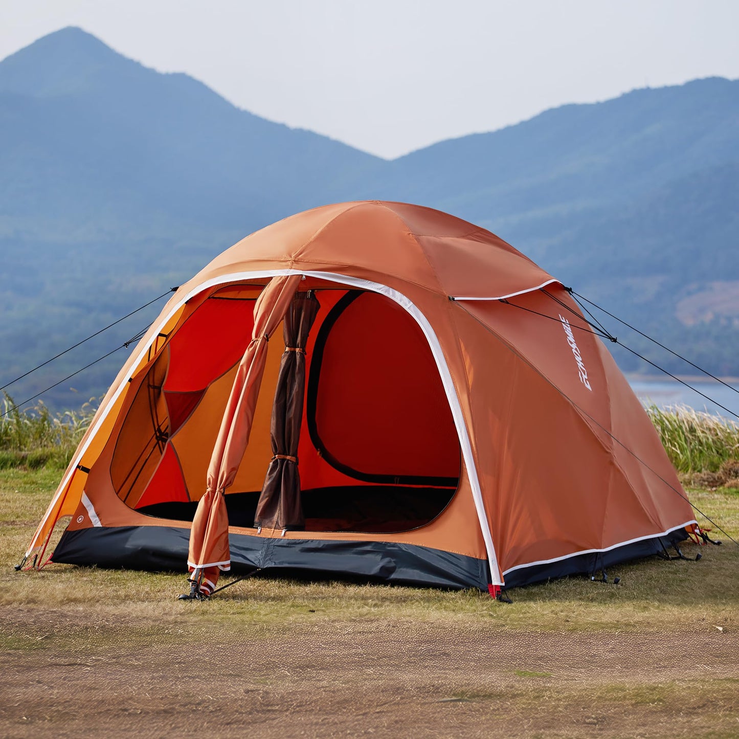 EchoSmile 3-5 Person Family Camping Tent, Waterproof Windproof Heavy Duty Dome Shelter, Easy Setup Multi-Pole Cabana with Extra Storage Room for Wet Bags & Shoes, Outdoor Hiking Travel - Orange